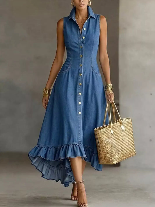 Sleeveless Ruffled Hem Denim Dress – Side View