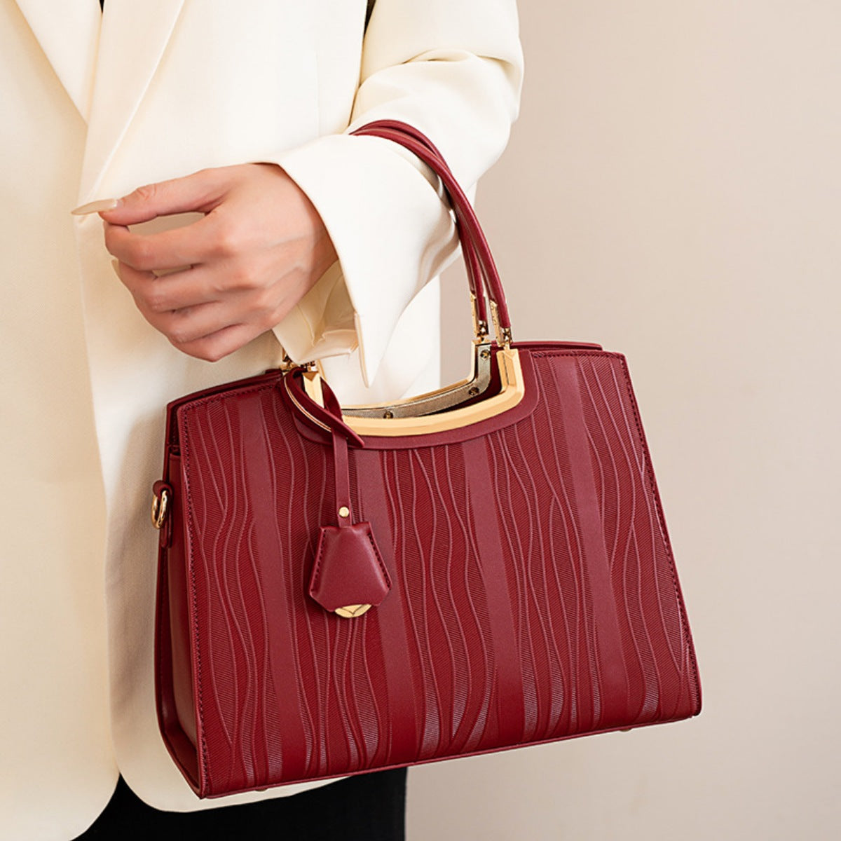 Textured PU Leather Top-Handle Handbag – Color Option | Celina Studio