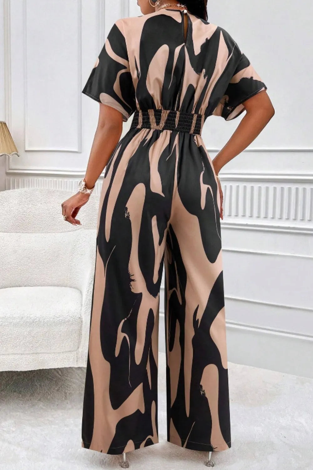 Celina Studio Printed V-Neck Short Sleeve Wide Leg Jumpsuit – Styled Outfit View