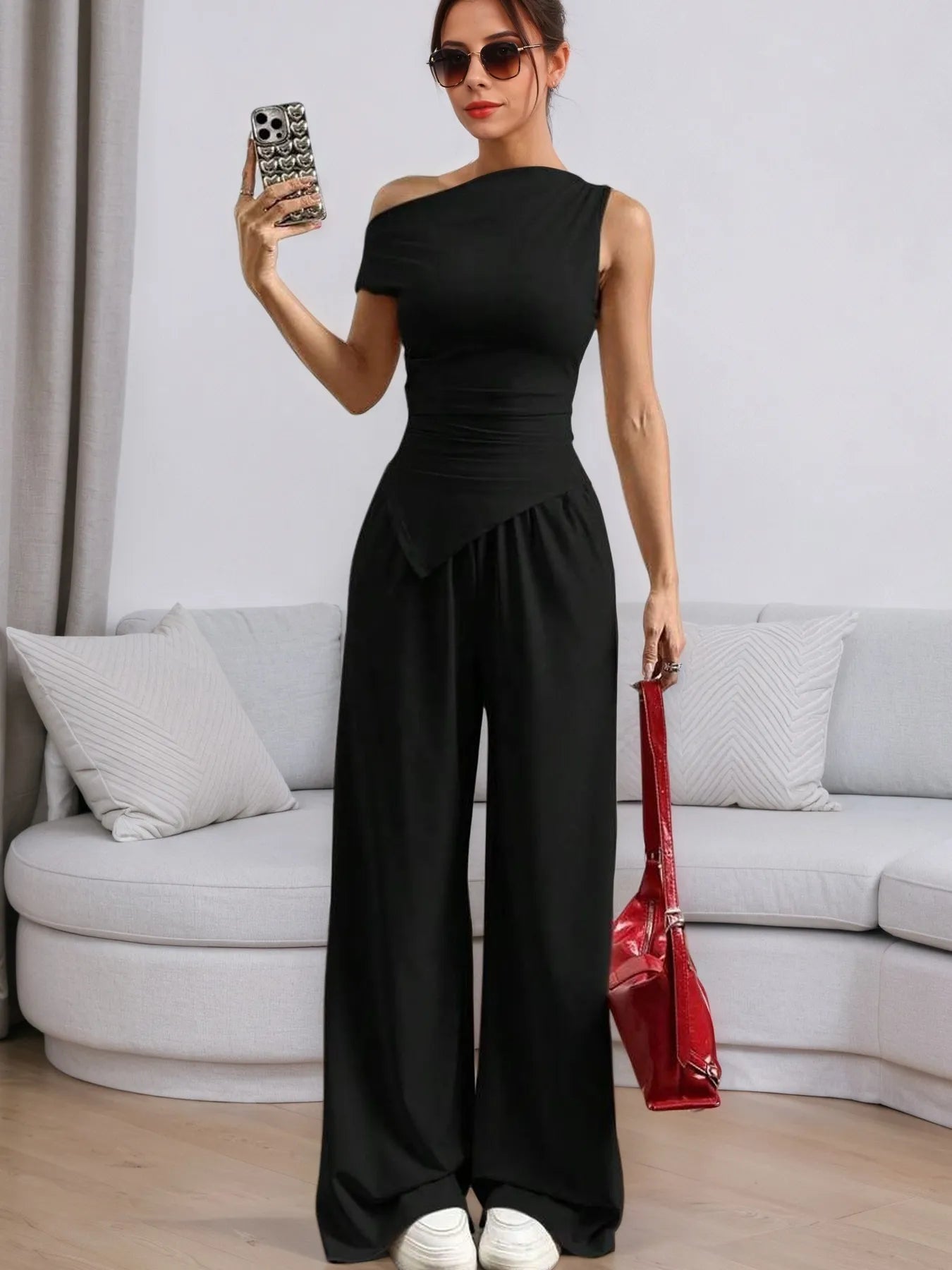 Single Shoulder Top and Pants Set – Detail View | Celina Studio