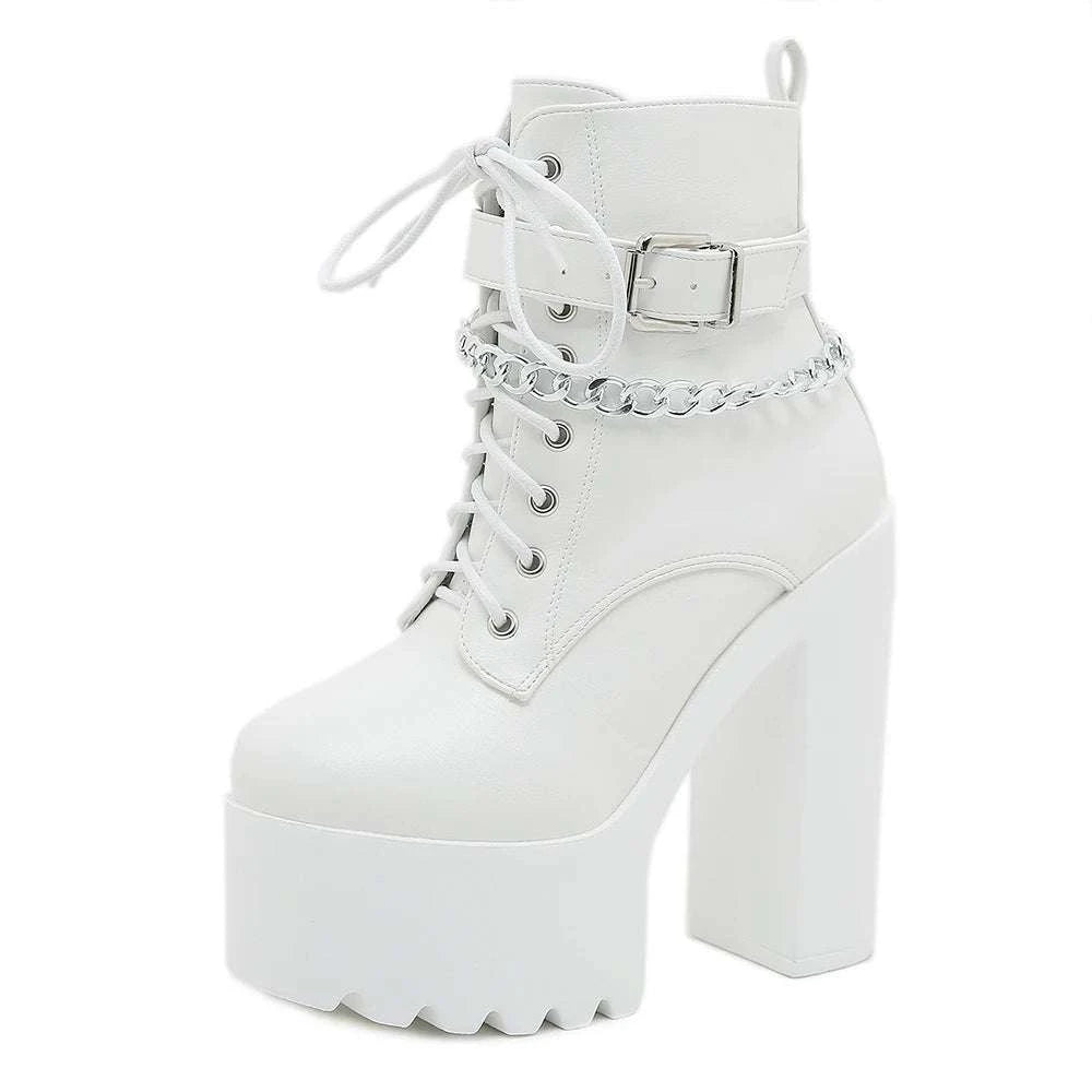 Chain Decor Block Heel Lace-Up Platform Ankle Boots - Celina Studio