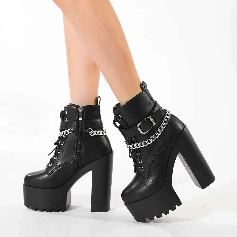 Chain Decor Block Heel Lace-Up Platform Ankle Boots - Celina Studio