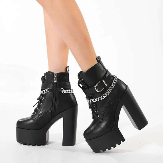 Chain Decor Block Heel Lace-Up Platform Ankle Boots - Celina Studio