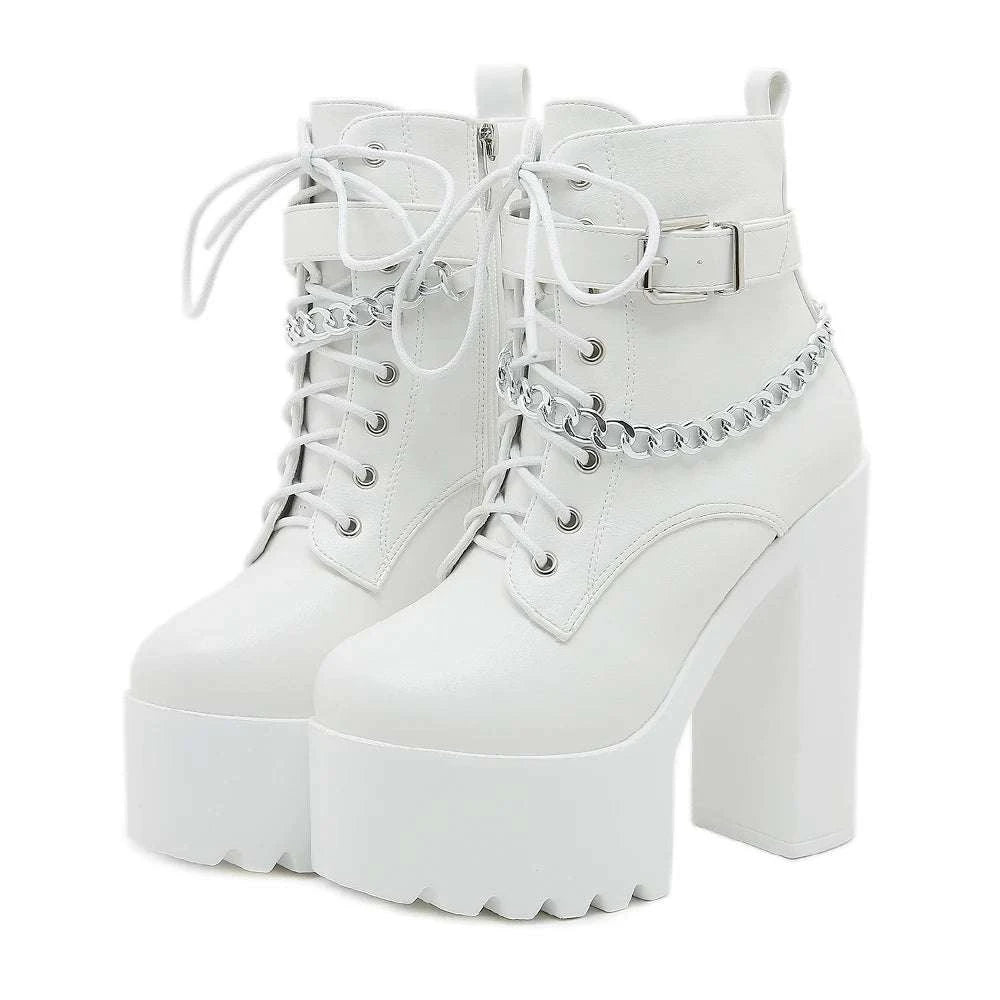 Chain Decor Block Heel Lace-Up Platform Ankle Boots - Celina Studio