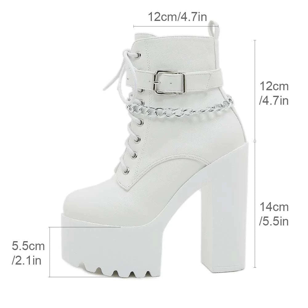 Chain Decor Block Heel Lace-Up Platform Ankle Boots - Celina Studio