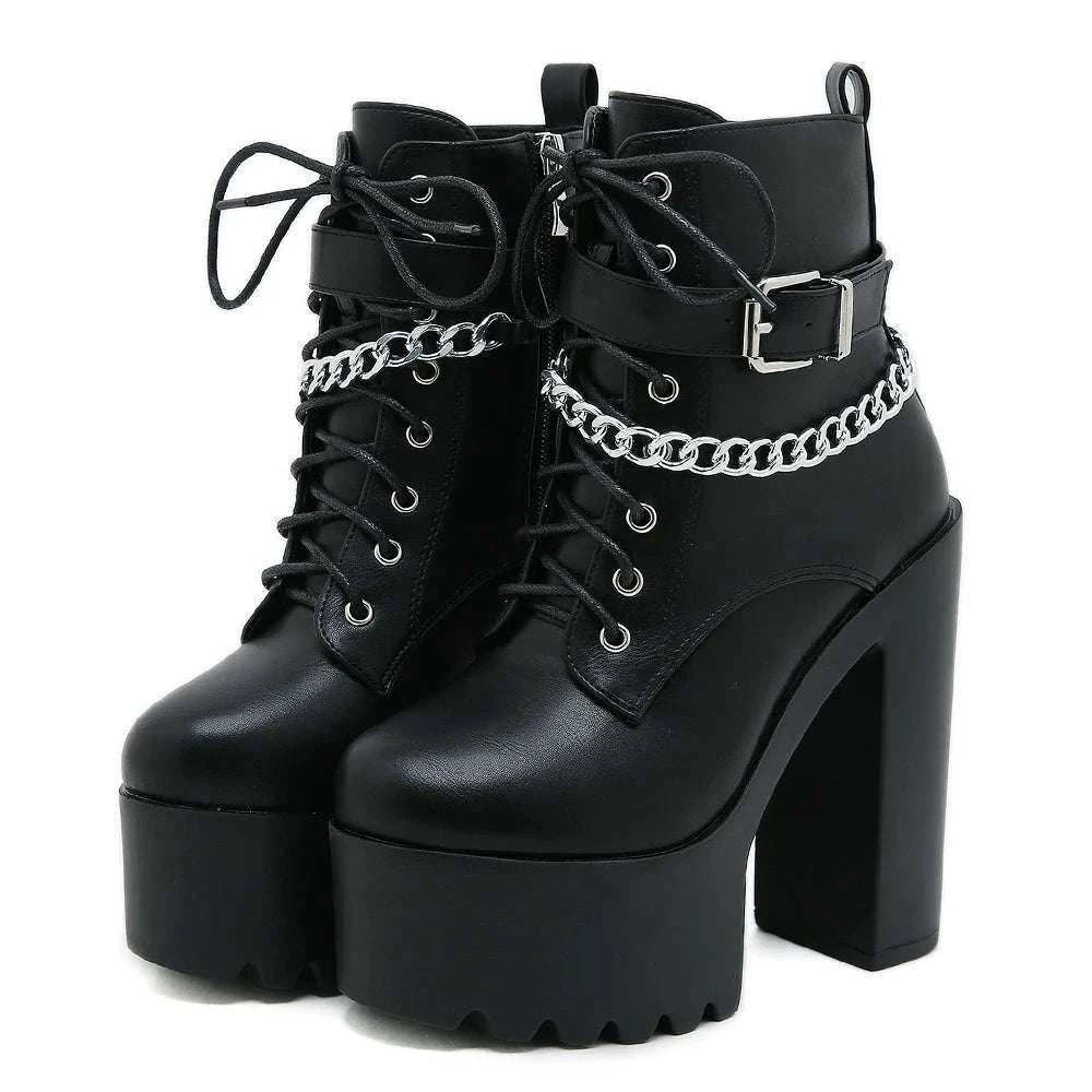 Chain Decor Block Heel Lace-Up Platform Ankle Boots - Celina Studio