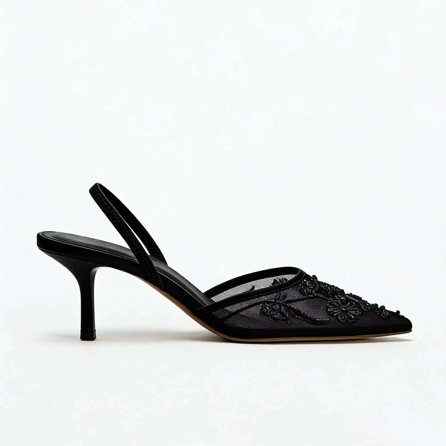 Champagne Embroidery Mesh Pearl Pointed Toe Heels - Celina Studio
