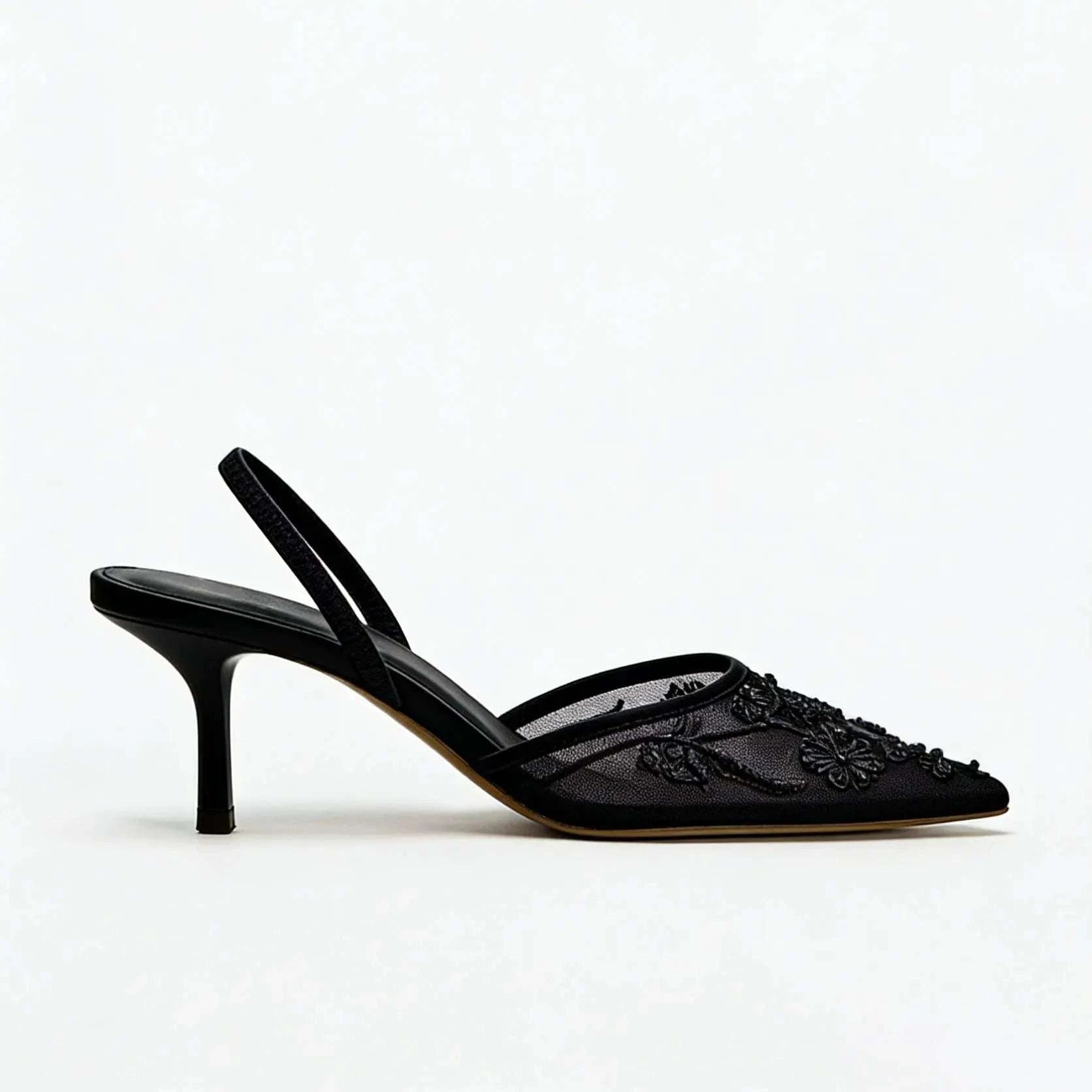 Champagne Embroidery Mesh Pearl Pointed Toe Heels - Celina Studio