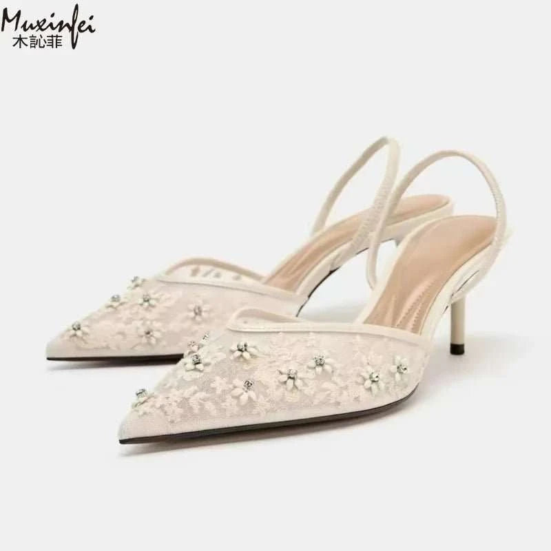 Champagne Embroidery Mesh Pearl Pointed Toe Heels - Celina Studio