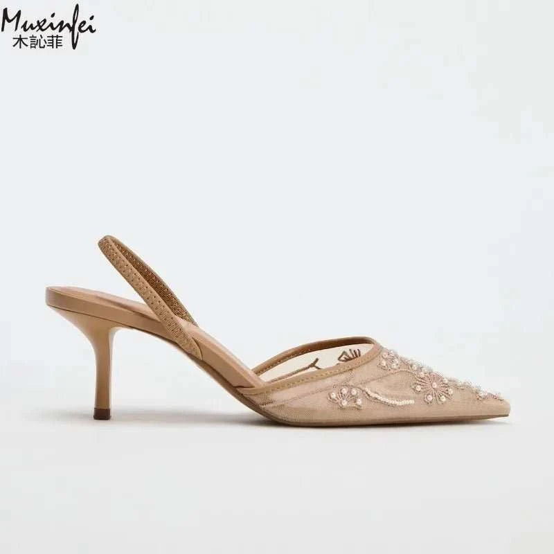 Champagne Embroidery Mesh Pearl Pointed Toe Heels - Celina Studio