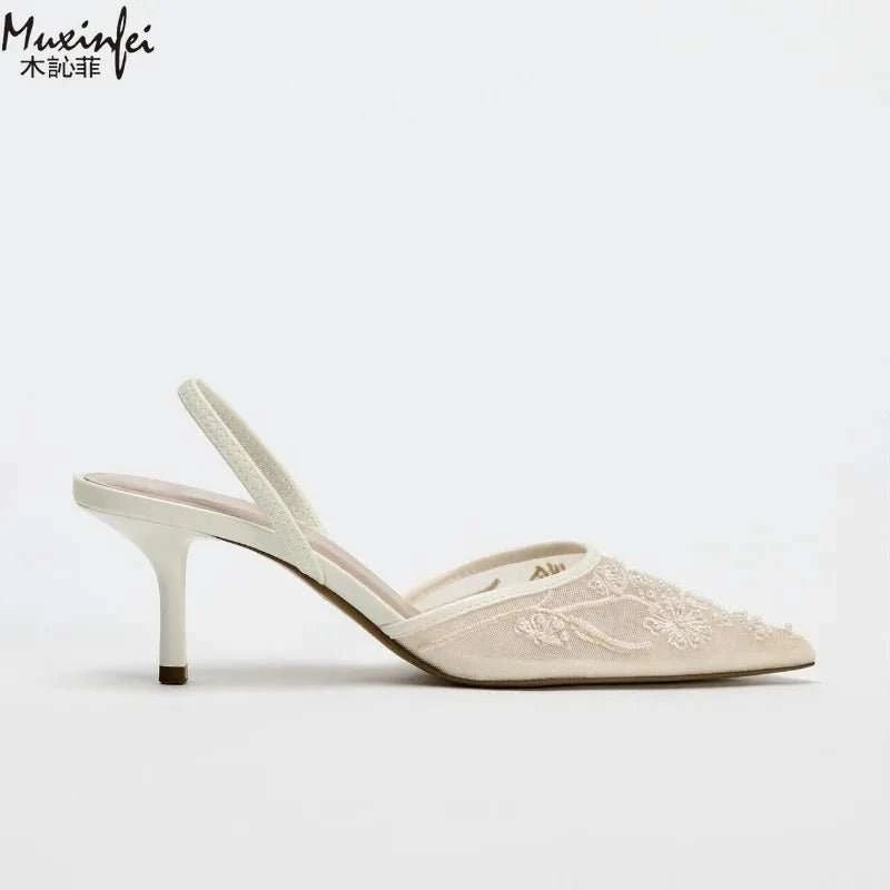 Champagne Embroidery Mesh Pearl Pointed Toe Heels - Celina Studio
