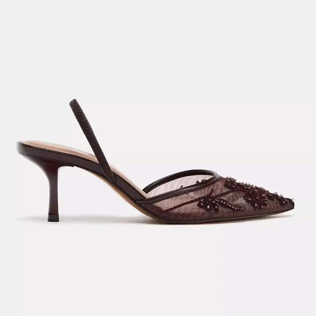 Champagne Embroidery Mesh Pearl Pointed Toe Heels - Celina Studio