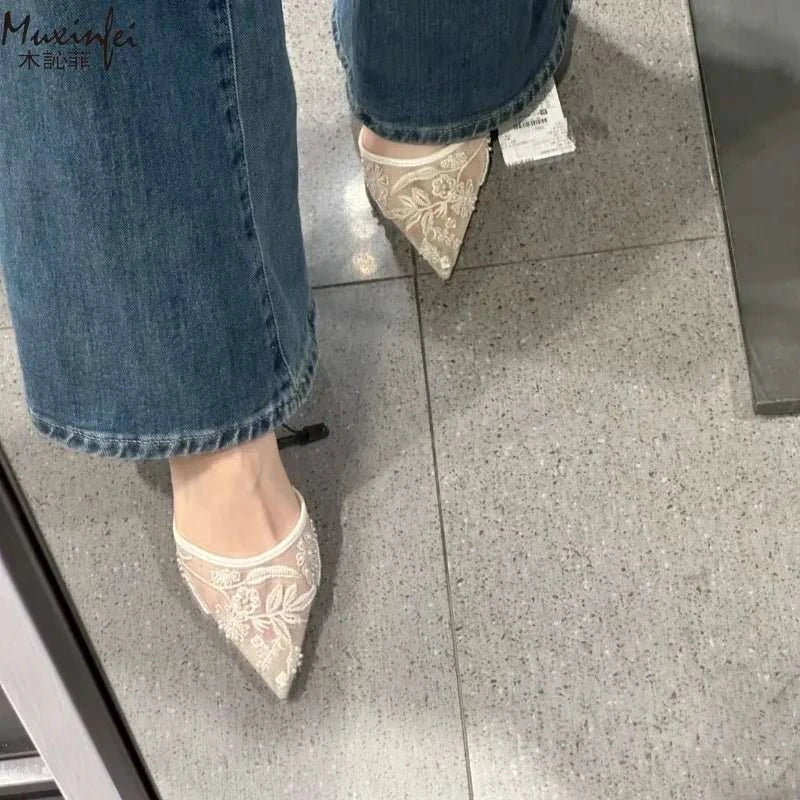 Champagne Embroidery Mesh Pearl Pointed Toe Heels - Celina Studio
