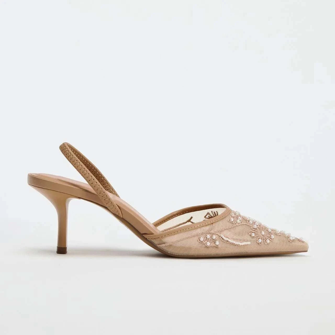 Champagne Embroidery Mesh Pearl Pointed Toe Heels - Celina Studio