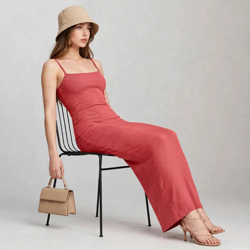 Woman seated on a chair wearing a coral sleeveless maxi dress, a bucket hat, and holding a tan handbag, light background.
