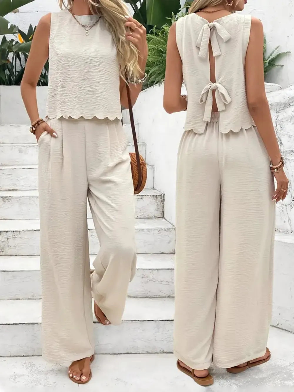 Tie Back Round Neck Top and Pants Set – Front View | Celina Studio