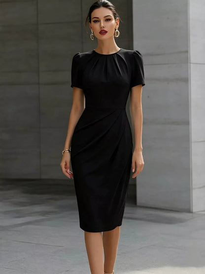 Ruched Short-Sleeve Midi Dress – Midi Hem Detail