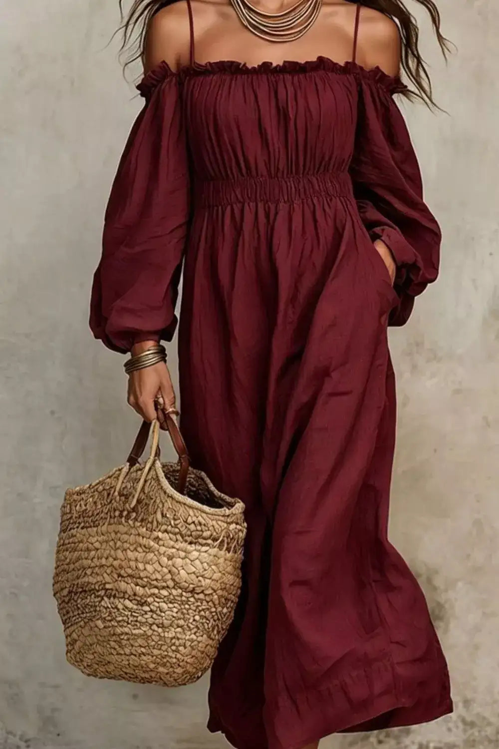 Spaghetti Strap Balloon Sleeve Dress – Model Shot