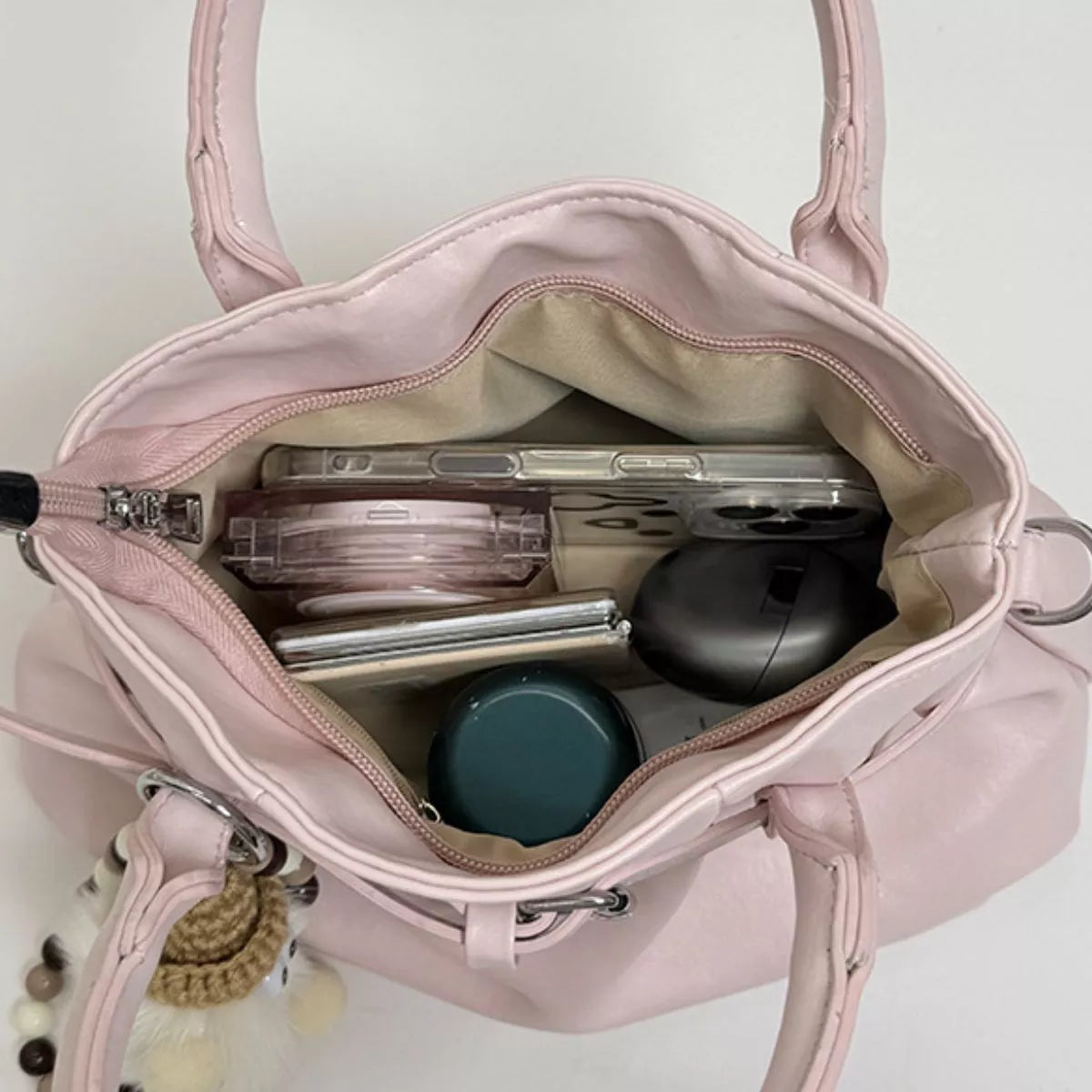 Pink Medium PU Leather Handbag – Lifestyle Shot