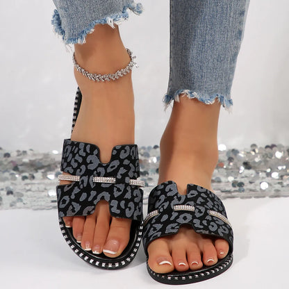 Open Toe Leopard Studded Flat Sandals – Front View | Celina Studio