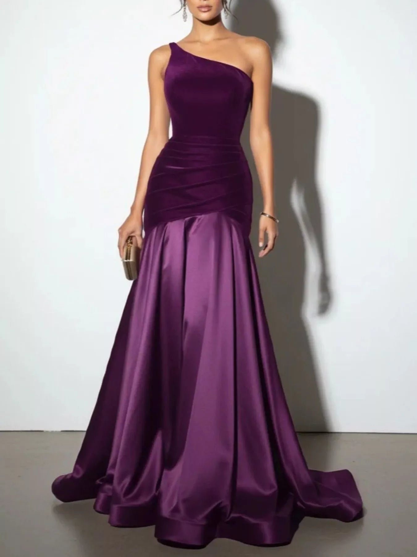 Wine Red Ruched One-Shoulder Floor-Length Dress – Full Length View
