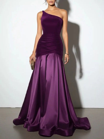 Wine Red Ruched One-Shoulder Floor-Length Dress – Full Length View