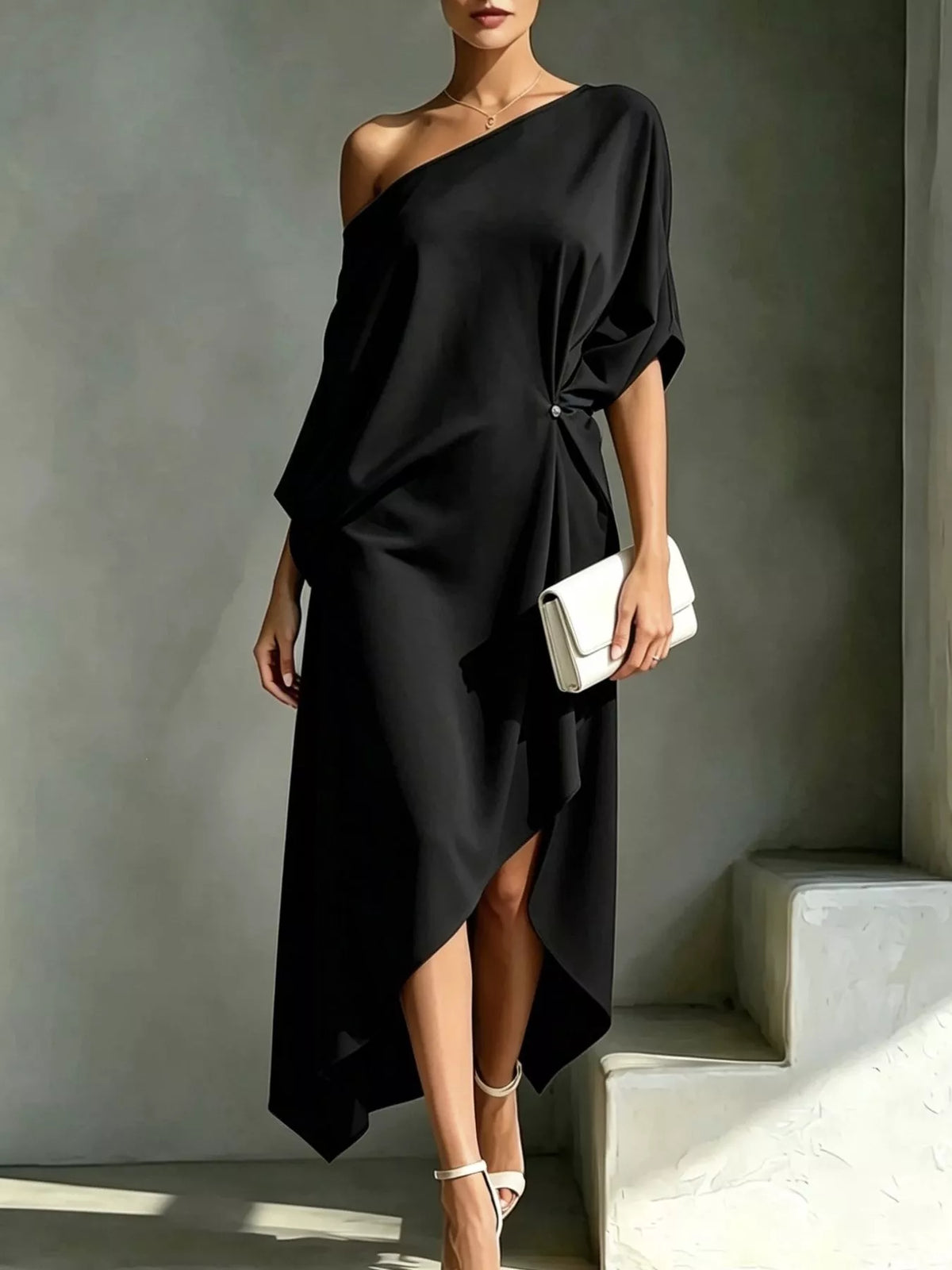 Asymmetrical One-Shoulder Drape Dress – Full Length View | Celina Studio