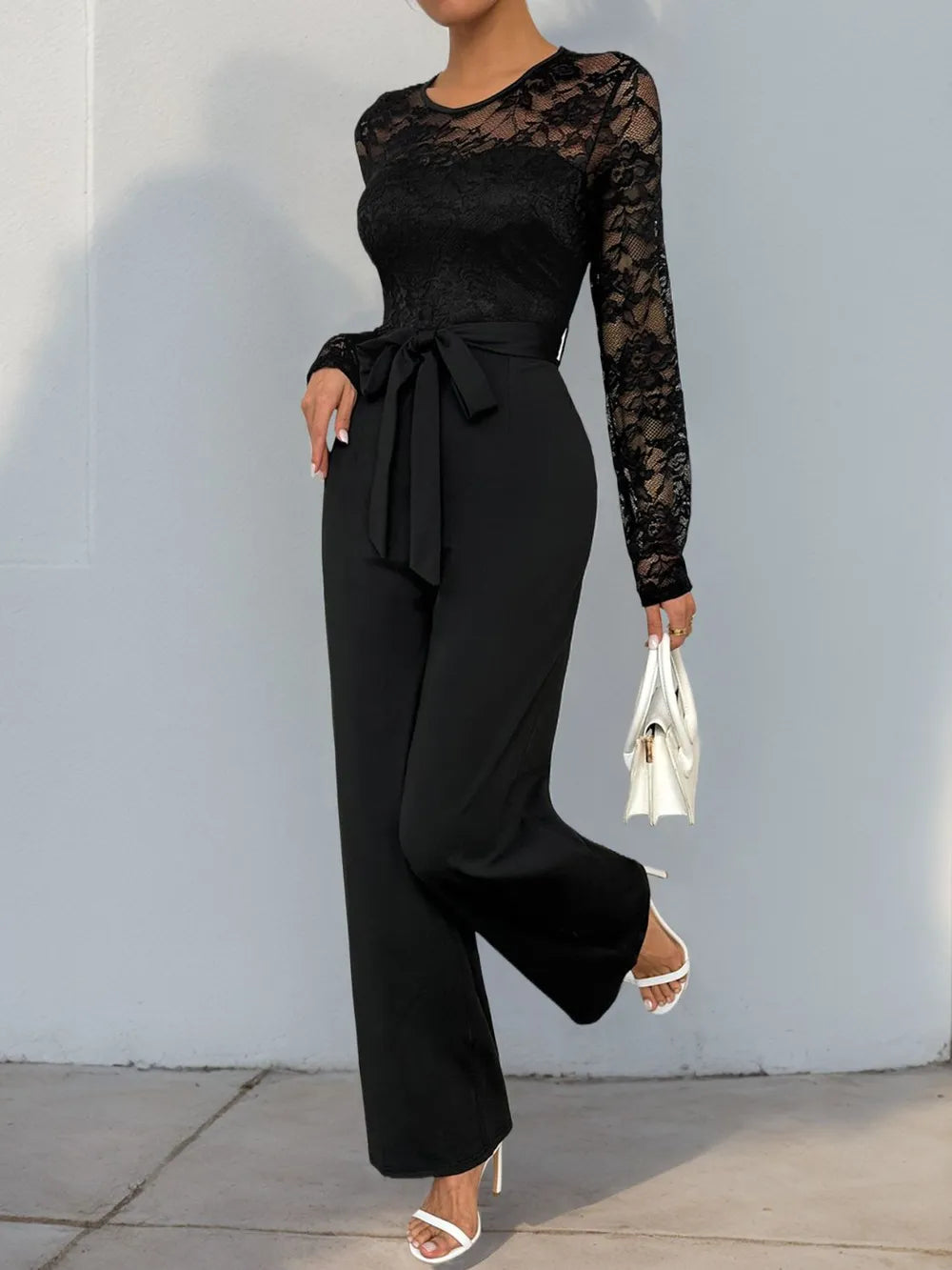 Celina Studio Lace Round-Neck Long-Sleeve Jumpsuit – Full Length Styled View