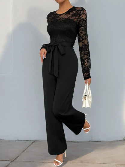 Celina Studio Lace Round-Neck Long-Sleeve Jumpsuit – Full Length Styled View