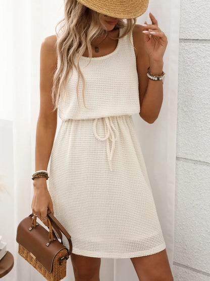 Waffle-Knit Drawstring Mini Tank Dress – Side View | Celina Studio