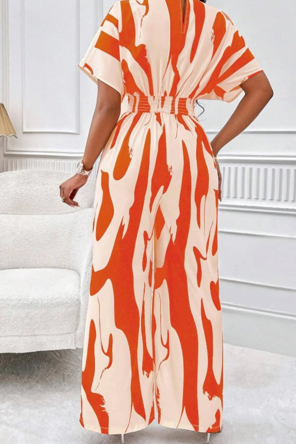 Celina Studio Printed V-Neck Short Sleeve Wide Leg Jumpsuit – Full Length Back