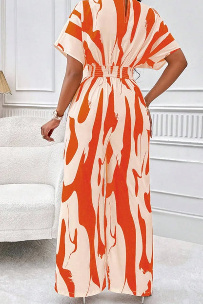 Celina Studio Printed V-Neck Short Sleeve Wide Leg Jumpsuit – Full Length Back
