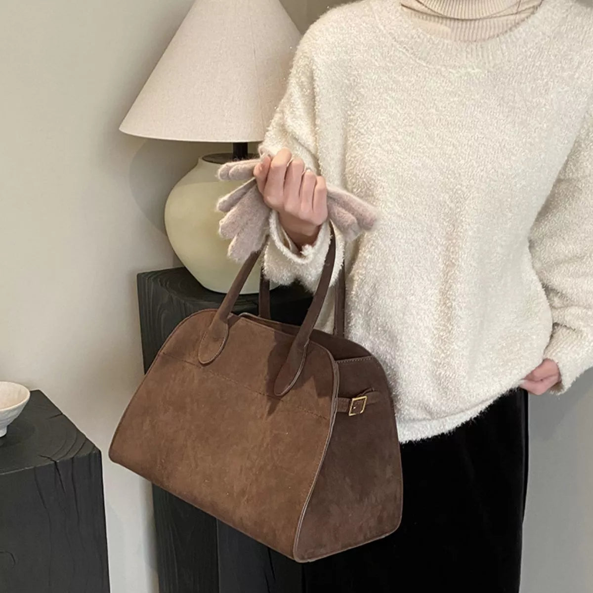 Suede Leather Large Handbag – Back View | Celina Studio