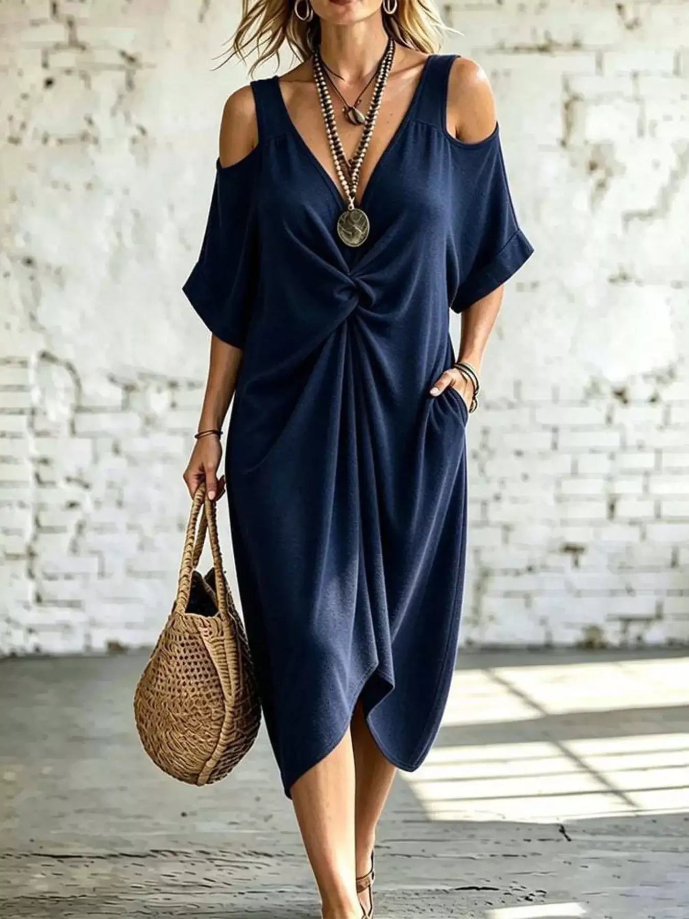 Cold Shoulder Twist Front Midi Dress – Color Option