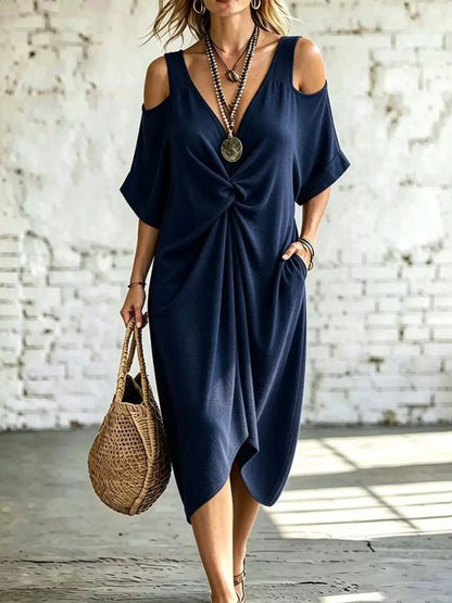 Twist-Front Midi Dress with Cold-Shoulder Detail – Color Option | Celina Studio