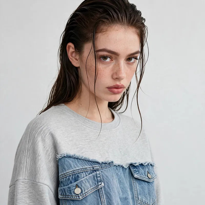 Close-up of a gray dropped-shoulder sweatshirt with a frayed denim patchwork yoke and chest pockets, gray background.