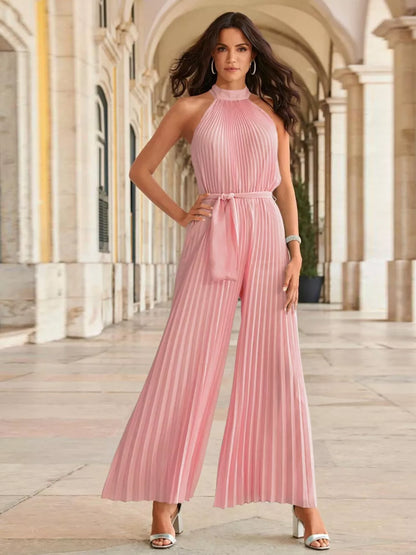 Cutout Tied Pleated Sleeveless Jumpsuit – Front View | Celina Studio