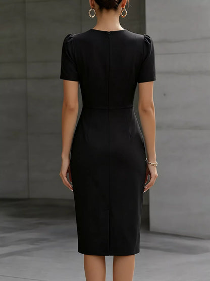 Ruched Short-Sleeve Midi Dress – Fabric Texture Detail