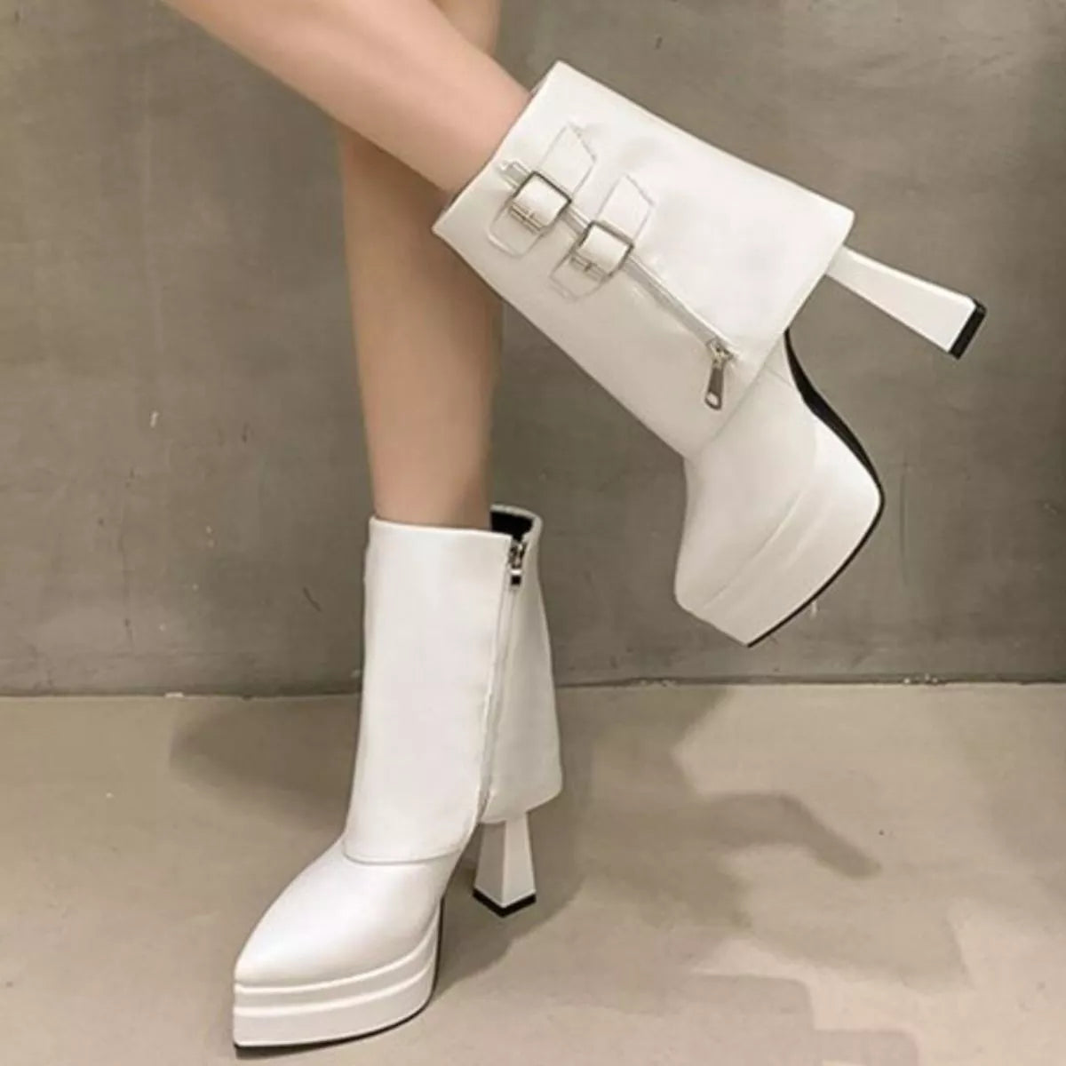 White Point-Toe High-Heel Boots – Front View | Celina Studio