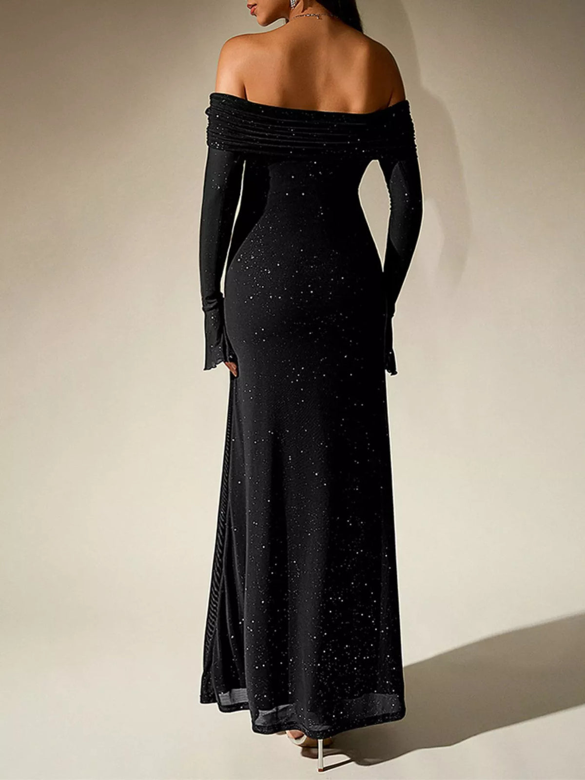 Glitter Off-Shoulder Maxi Dress – Glitter Detail Close-Up | Celina Studio