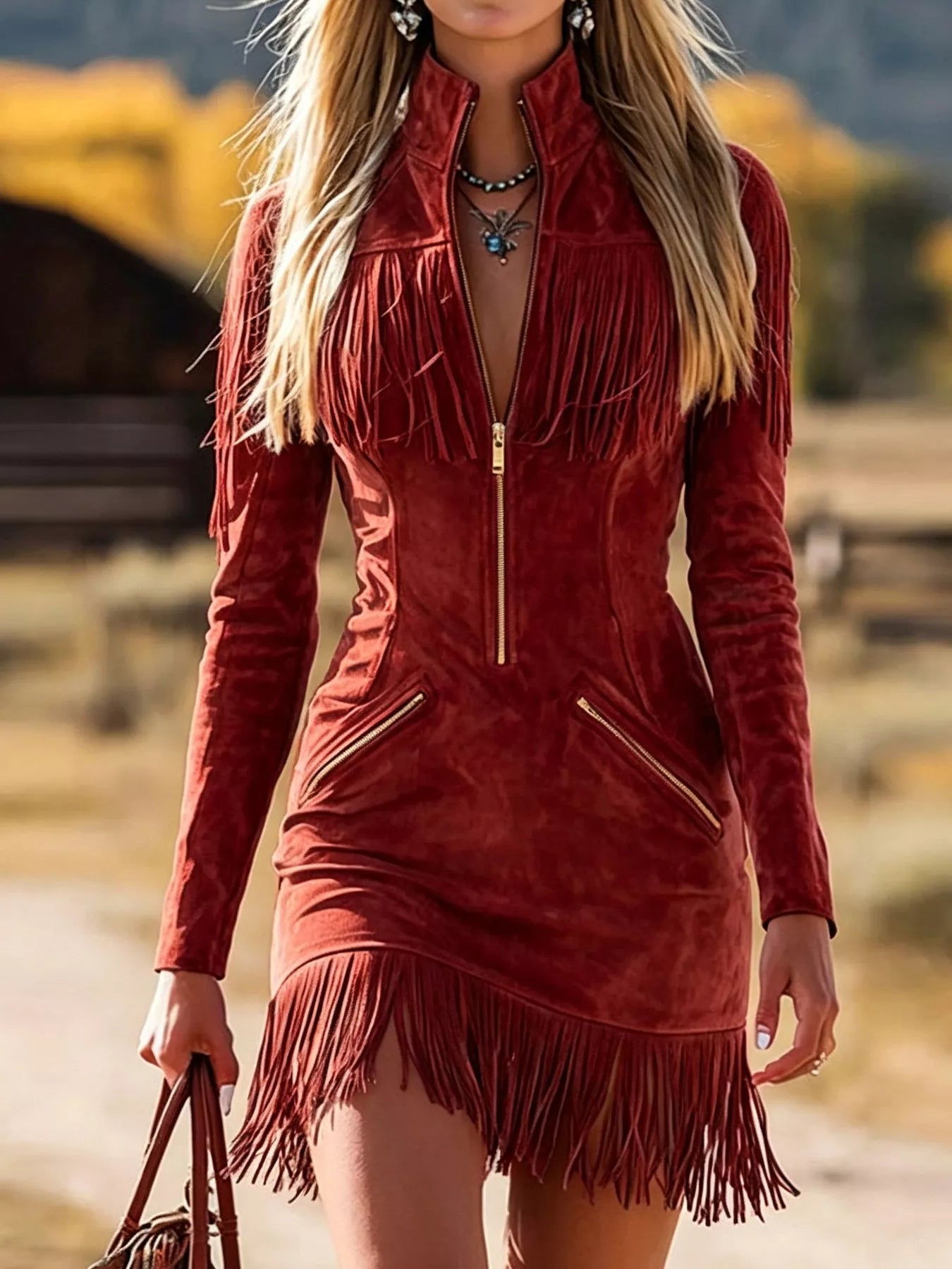 Fringed Zip-Front Mini Dress – Zip Front Detail Close-Up | Celina Studio