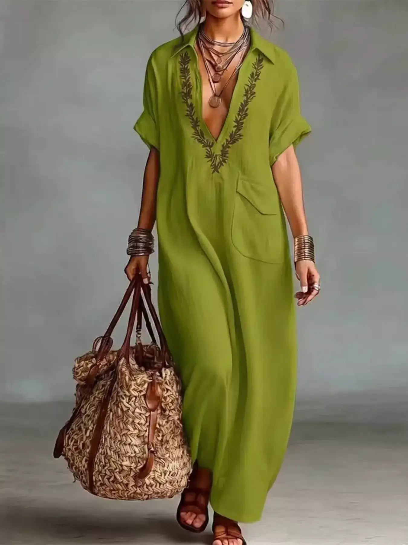 Bohemian Embroidered Maxi Dress – Full Length View