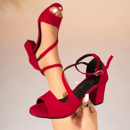 Off-White Peep-Toe Mid-Heel Block Sandals – Block Heel Detail | Celina Studio