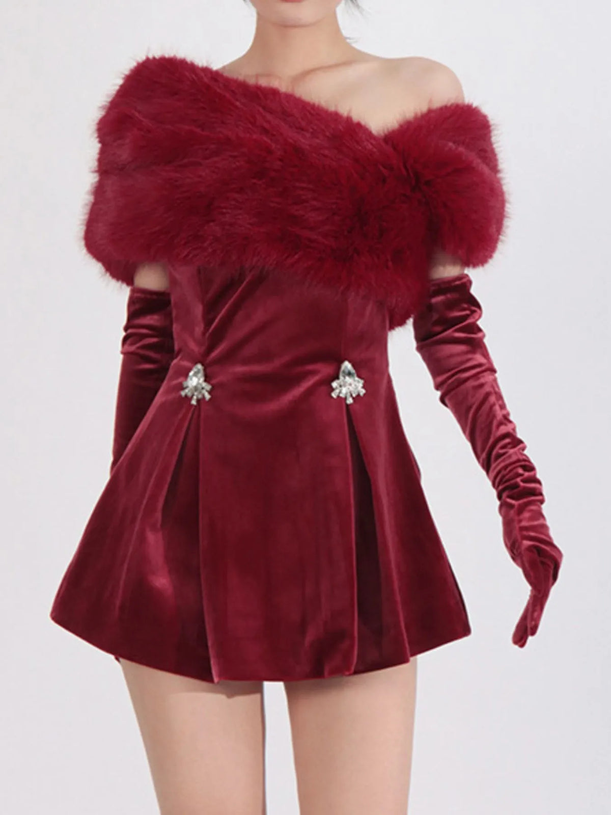 Red Fuzzy Off-Shoulder Mini Dress – Front View | Celina Studio