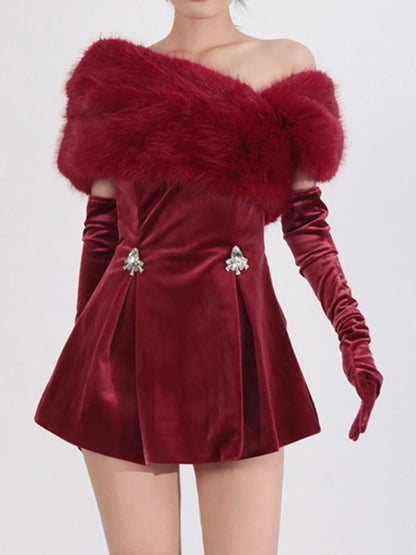 Red Fuzzy Off-Shoulder Mini Dress – Front View | Celina Studio