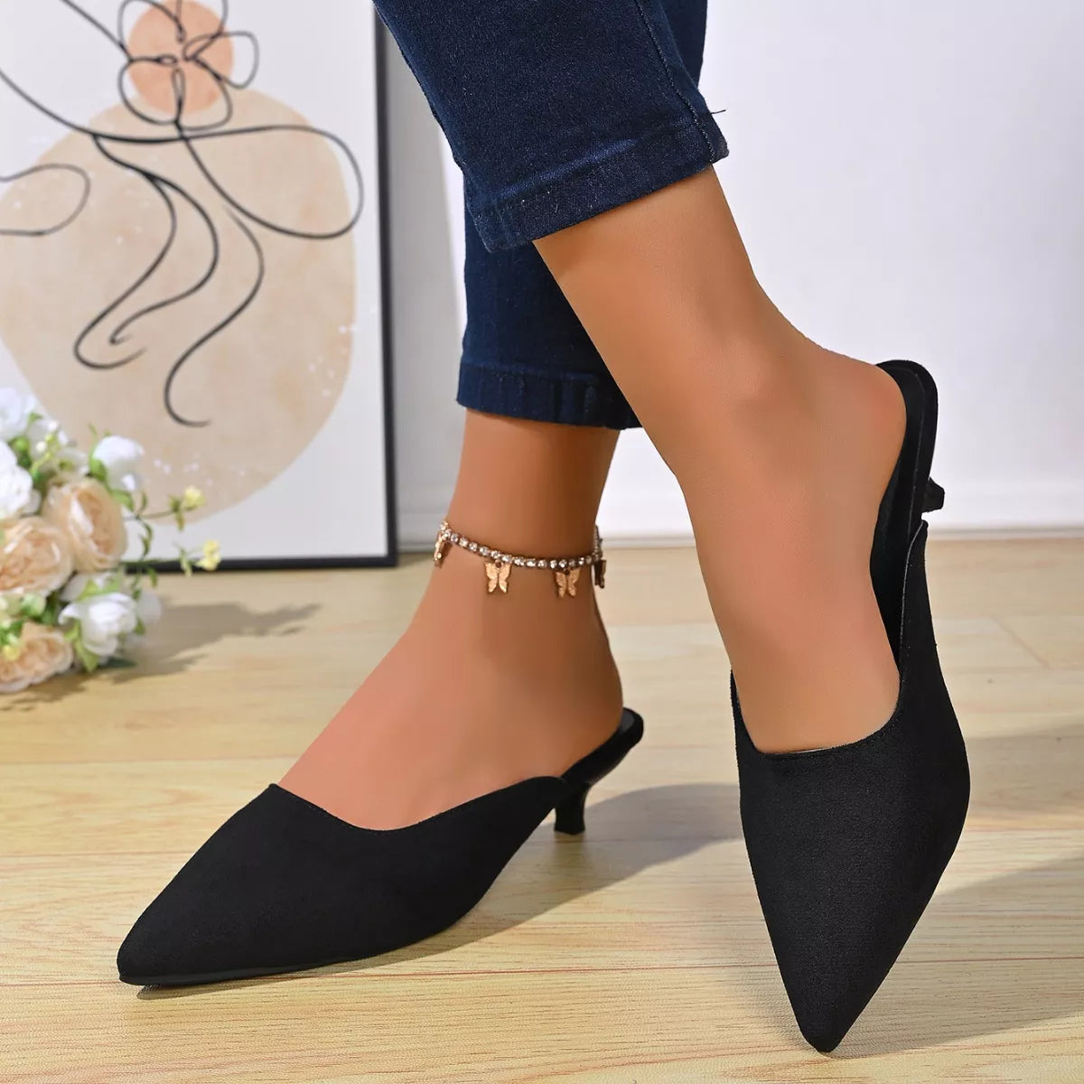 Point-Toe Kitten-Heel Pumps – Front View | Celina Studio