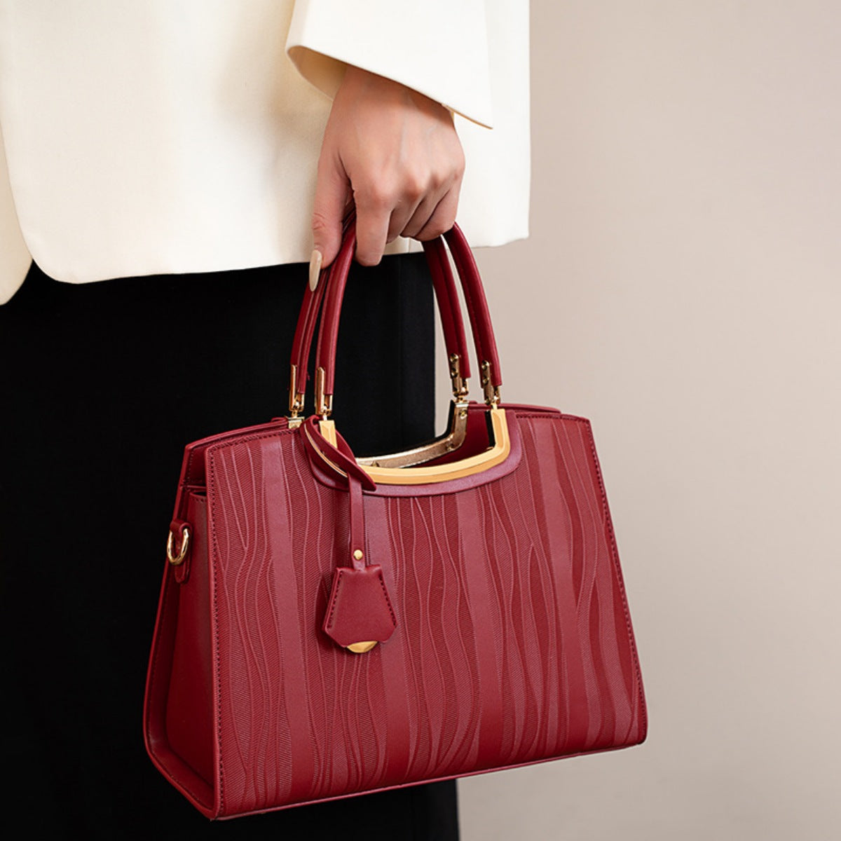 Textured PU Leather Top-Handle Handbag – Top Handle Detail | Celina Studio