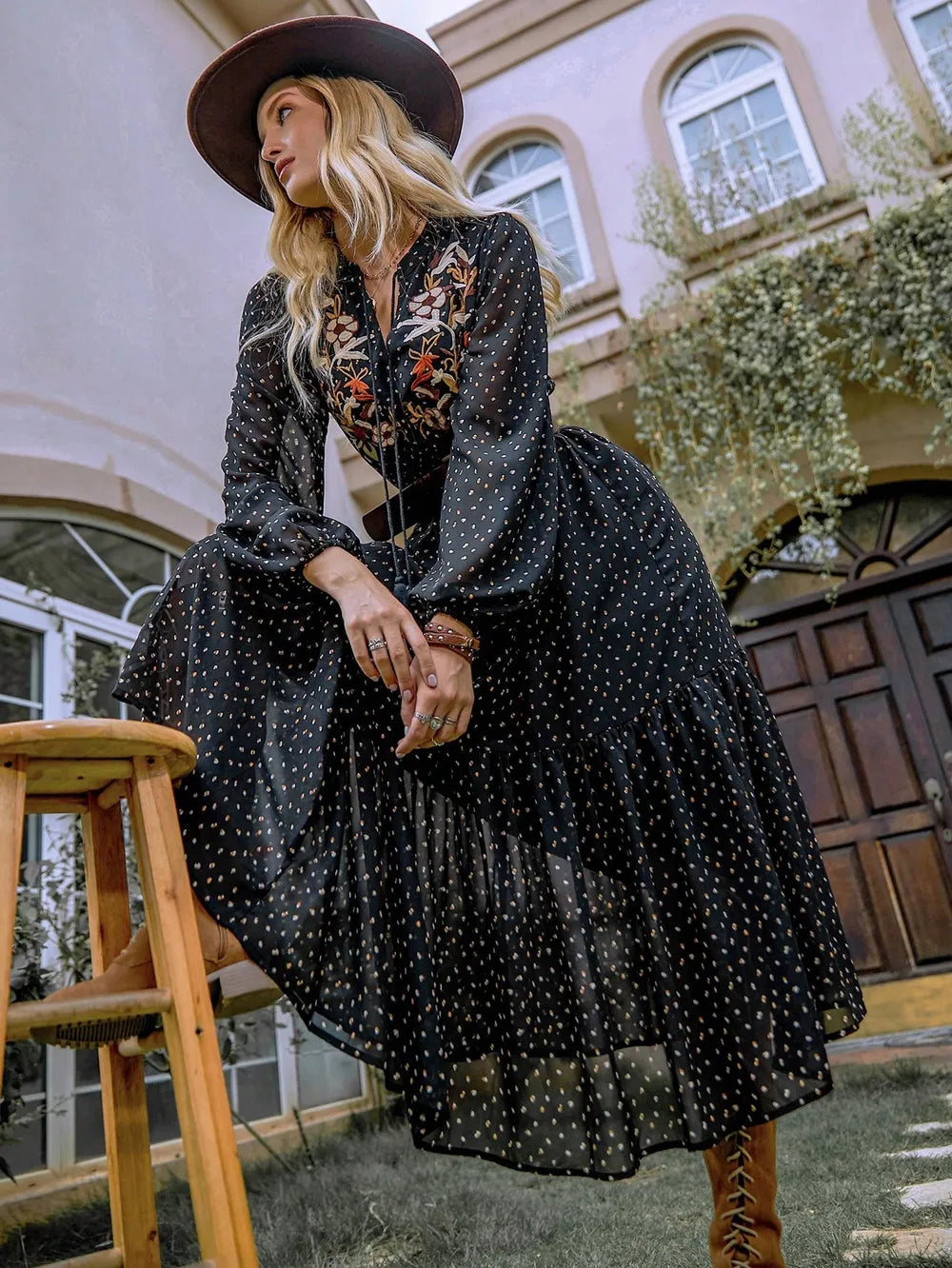 Embroidered Polka Dot Tie Neck Long Sleeve Midi Dress – Embroidery Detail | Celina Studio