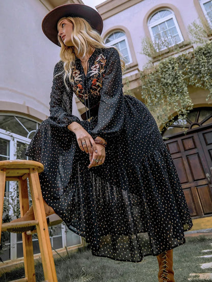 Embroidered Polka Dot Tie Neck Long Sleeve Midi Dress – Embroidery Detail | Celina Studio