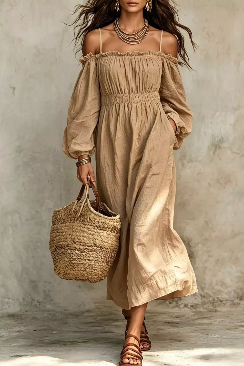 Spaghetti Strap Balloon Sleeve Dress – Color Option 1